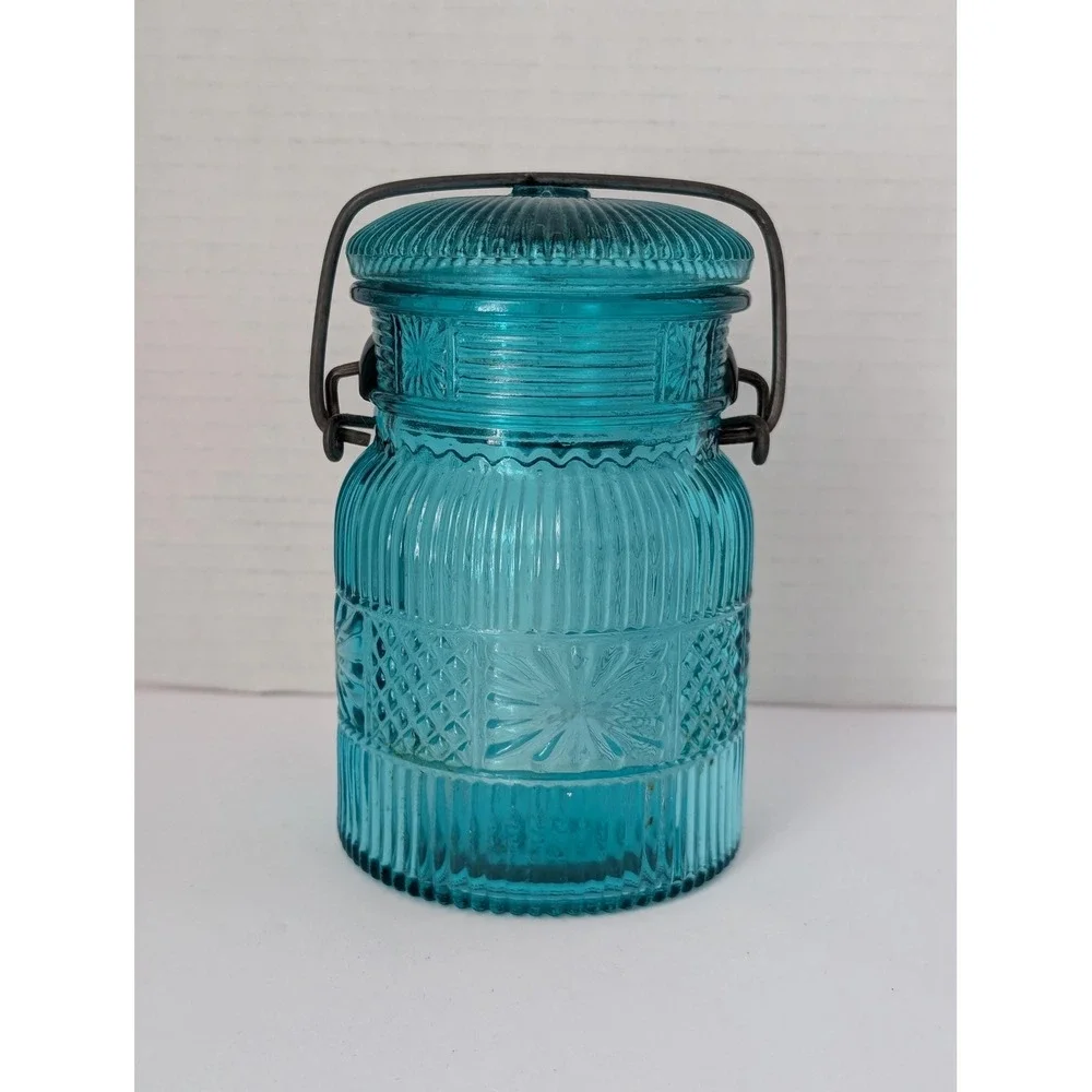 Vintage Avon teal blue glass jar mason collectable wire bail clamp on lid